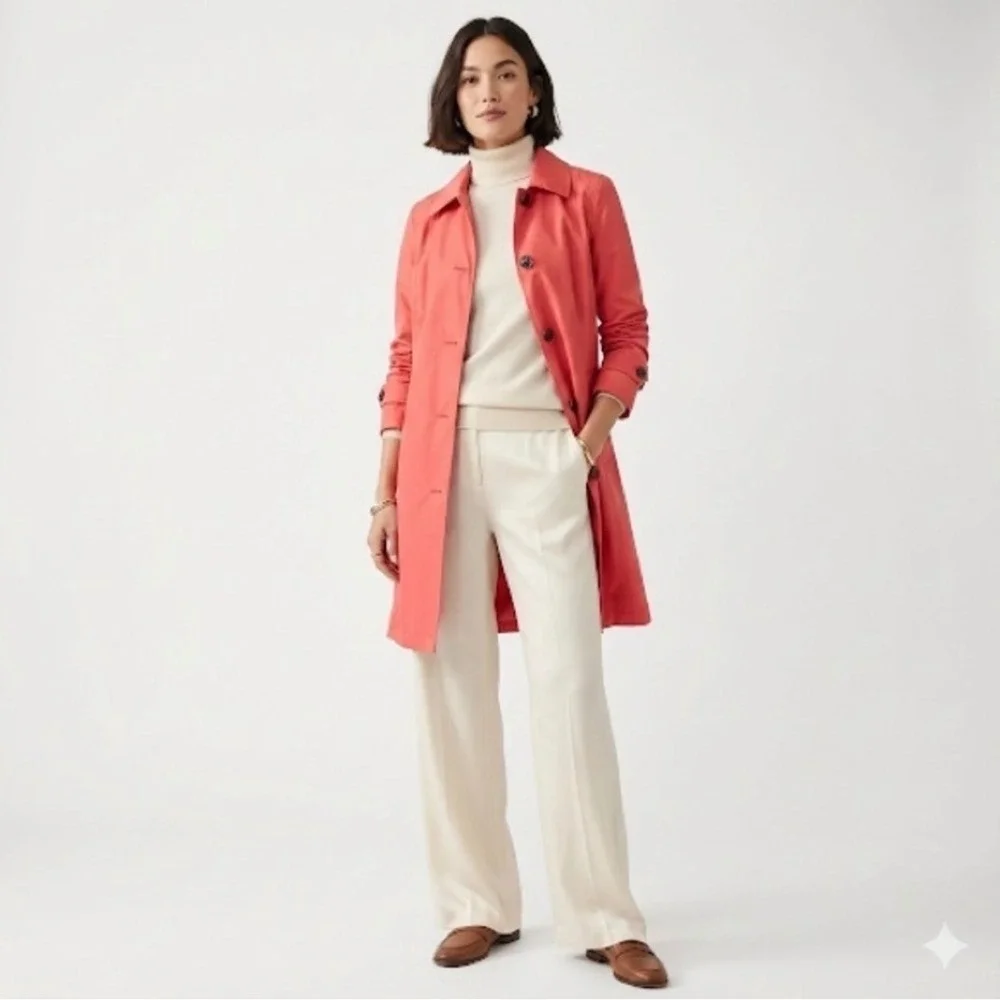 Lands End Womens Coral Pink Trench Coat Jacket Button Front L 14-16 Single